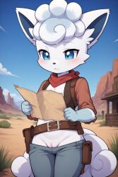 accidental_exposure ai_generated alolan_vulpix anthro blue_eyes confused desert female map no_panties oblivious pants_down pokemon pokemon_(species) pussy vulpix white_body white_hair