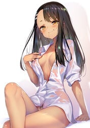 1girls black_hair blush blushing bottomless breasts brown_eyes clothed clothing female female_focus female_only hair_in_mouth hayase_nagatoro hi_res hong_(white_spider) long_hair looking_at_viewer medium_breasts nipples_visible_through_clothing pinup please_don't_bully_me,_nagatoro pose possible_duplicate pubic_hair pussy_hair revealing_clothes see-through see-through_clothing shirt simple_background smile solo thighs wet_clothes wet_shirt white_background wide_hips