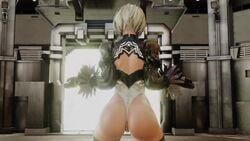 1girls 3d animated ass ass_focus ass_shake back_cutout big_ass boots clothing_cutout dat_ass elbow_gloves female female_only gloves highres huge_ass jiggle juliet_sleeves kishi leotard long_sleeves nier:_automata nier_(series) no_sound puffy_sleeves short_hair solo thigh_boots thighhighs thong_leotard twerking video viewed_from_behind webm white_hair yorha_2b