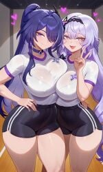 2girls acheron_(honkai:_star_rail) ai ai-created ai_art ai_generated black_bra black_swan_(honkai:_star_rail) breast_press gym_clothes gym_uniform hair_ornament heart-shaped_pupils high_ponytail honkai:_star_rail honkai_(series) hourglass_figure hoyoverse large_ass large_breasts large_butt large_buttocks large_thighs long_hair looking_at_viewer mature_body mature_female mature_figure mature_woman peace_sign see-through_clothing see-through_shirt smile wide_hips yuri