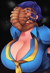 1girls ai_generated alien alien_(franchise) atlus big_breasts blue_eyes blue_hair breasts cleavage clothed clothed_female clothing crossover deepthroat facefuck facehugger female female_focus interspecies large_breasts monster naoto_shirogane oral oral_penetration persona persona_4 shirogane_naoto short_hair tomboy