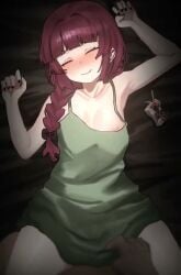 1boy 1girls alcohol_carton animated armpits bare_arms bed black_nails blunt_bangs blush bocchi_the_rock! bouncing_breasts bow braid breasts closed_eyes clothes_lift commentary dark-skinned_male dark_skin dress dress_lift drink_carton drunk english_commentary female green_dress hair_over_shoulder hiroi_kikuri hybrid_animation live2d long_hair longer_than_10_seconds lying lying_on_back lying_on_bed missionary missionary_position moe_code navel nipples open_mouth penis petite_body pincree_(voice_actor) pov purple_eyes purple_hair pussy ribs sex sharp_teeth shiny_skin shirt_lift shorter_than_30_seconds single_braid skinny small_breasts smile solo_focus sound straight tagme teeth vaginal_penetration video