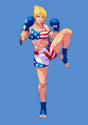 1girls abs american_flag blonde_hair blue_eyes boxer boxer_shorts boxers_(clothing) cirenk commission female female_only fit fit_female muscular_female one_leg_up ponytail smile solo tied_hair toned toned_female