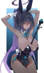 absurdres animal_ears between_breasts black_hair black_leotard blue_archive blue_background border breasts commentary dark-skinned_female dark_skin dokshuri fake_animal_ears fake_tail female gloves gradient_hair gun halo high_ponytail highres karin_(blue_archive) karin_(bunny)_(blue_archive) large_breasts leotard long_hair looking_at_viewer multicolored_hair official_alternate_costume ponytail purple_hair purple_halo rabbit_ears rabbit_tail rifle solo tail thighs two-tone_hair very_long_hair weapon white_border white_gloves yellow_eyes