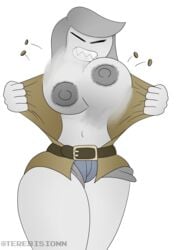 1girls belt breasts button_pop buttons cleavage closed_eyes female female_focus female_only flying_button gray_hair grey_hair hips large_breasts long_hair motion_blur opening_shirt sharp_teeth shorts smile terebision thick_thighs thighs x_(x)