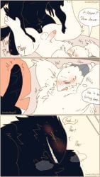 2024 3_panel_comic abby_(pegu2726) anal anal_sex anthro anthro_on_anthro anthro_penetrated anthro_penetrating anthro_penetrating_anthro arm_tuft artist_name avian azure_(pegu2726) balls biped bird black_balls black_body black_feathers black_penis black_wings blush bodily_fluids cheek_tuft chest_tuft comic corvid dialogue digital_drawing_(artwork) digital_media_(artwork) duo elbow_tuft english_text eyelashes facial_tuft feather_tuft feathers genital_fluids genitals glans grin head_tuft hi_res humanoid_genitalia humanoid_penis internal internal_anal lovebuffpg45 male male/male name_drop nude nude_anthro nude_male oscine passerine penetration penis plap profanity sex sharp_teeth shoulder_tuft smile teeth text three-quarter_view tuft unknown_species wings