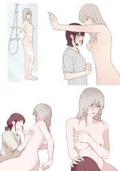 2girls absurd_res auburn_hair bathing bathroom blonde_hair blue_eyes blush breast_grab breasts butt_crack clothed_female_nude_female color completely_nude drooling ear_piercing earrings erect_nipples fully_clothed girls_band_cry grey_eyes grey_shirt hand_on_another's_head hand_on_breast hand_on_wall height_difference highres imminent_cunnilingus imminent_oral imminent_sex iseri_nina kawaragi_momoka krisjennnnn lighting long_hair looking_at_another looking_at_breasts looking_at_partner looking_down nervous nipples romantic romantic_couple saliva shower sideass sideboob sitting slight_blush soap_bubbles standing sweatdrop tied_hair unseen_female_face wet white_background wide_eyed yuri