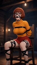 ai_generated animated ball_gag big_breasts bondage gif miniskirt scooby-doo straps struggling thighs velma_dinkley