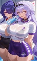 2girls acheron_(honkai:_star_rail) ai ai-created ai_art ai_generated black_swan_(honkai:_star_rail) bra drinking_water gym_clothes gym_uniform hair_ornament heart heart-shaped_pupils high_ponytail honkai:_star_rail honkai_(series) hourglass_figure hoyoverse indoors large_ass large_breasts large_butt large_buttocks large_thighs long_hair looking_at_viewer mature_body mature_female mature_figure mature_woman see-through_clothing see-through_shirt smile water_bottle water_break wide_hips yuri