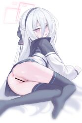 absurdly_long_hair absurdres anus bar_censor black_thighhighs blue_archive blush censored double-parted_bangs female from_behind hair_between_eyes hairband halo highres jacket kei_(blue_archive) kei_(new_body)_(blue_archive) krixxis4 long_hair long_hair_between_eyes looking_at_viewer looking_back lying multicolored_jacket no_panties no_shoes on_side pink_eyes pink_halo pussy rectangular_halo ringed_eyes solo thighhighs two-tone_jacket very_long_hair white_hair white_jacket