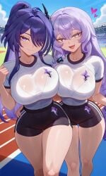 2girls acheron_(honkai:_star_rail) ai ai-created ai_art ai_generated black_swan_(honkai:_star_rail) bra breasts_on_breasts gym_clothes gym_uniform hair_ornament heart heart-shaped_pupils high_ponytail honkai:_star_rail honkai_(series) hourglass_figure hoyoverse large_ass large_breasts large_butt large_buttocks large_thighs long_hair looking_at_viewer mature_body mature_female mature_figure mature_woman running_track see-through_clothing see-through_shirt smile stadium_background wide_hips yuri