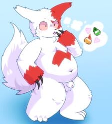 1boy 2021 absurd_res anthro balls belly flaccid genitals hi_res male navel nintendo overweight overweight_anthro overweight_male penis pokemon pokemon_(species) simple_background solo standing thinking thought_bubble video_games zangoose zanzan_(artist)