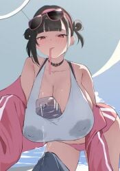 areolae areolae_visible_through_clothing ass big_ass blush boner boner_in_pants boobs breasts drinking erect_penis erection_under_clothes eyewear_on_head goddess_of_victory:_nikke hth5k huge_breasts imminent_sex navel nipple_bulge nipples_visible_through_clothing sora_(nikke) sora_(spring_flight)_(nikke) spilled_drink straw sunglasses tagme water_bottle wet_clothes wet_shirt wide_hips