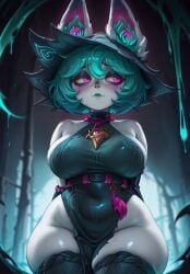 1girls ai_generated big_breasts blue_hair blue_lipstick blush breasts chubby chubby_female clothed dreamheat dress female furry_ears grey_body grey_skin hands_behind_back hood league_of_legends looking_away non-nude purple_eyes riot_games shortstack shy solo teal_hair teal_lipstick thick_thighs thighhighs vex_(league_of_legends) yordle