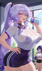 2girls acheron_(honkai:_star_rail) ai ai-created ai_art ai_generated black_bra black_swan_(honkai:_star_rail) drinking drinking_water gym_clothes gym_uniform hair_ornament heart heart-shaped_pupils high_ponytail honkai:_star_rail honkai_(series) hourglass_figure hoyoverse large_ass large_breasts large_butt large_buttocks large_thighs long_hair looking_at_viewer mature_body mature_female mature_figure mature_woman plastic_bottle see-through_clothing see-through_shirt smile water_bottle wide_hips yuri