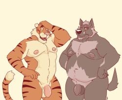 2023 anthro balls belly big_belly boomer_(nanoff) brown_balls brown_body brown_fur canid canine canis chocolateandmilk dated duo eyebrow_piercing facial_piercing fangs felid flaccid foreskin front_view fur genitals hair hand_on_head hand_on_hip hi_res humanoid_genitalia humanoid_penis looking_at_viewer male male_anthro mammal miles_(nanoff) moobs mouth_closed narrowed_eyes navel nipples nude obese obese_anthro obese_male open_mouth open_smile orange_body orange_eyes orange_fur overweight overweight_anthro overweight_male pantherine penis piercing pink_nipples pink_penis red_tongue short_hair signature simple_background smile standing teeth tiger tongue wolf yellow_balls yellow_body yellow_fur