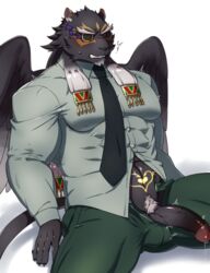 aaassstaro anthro becoming_erect black_body black_fur blush clothing edit embarrassed felid fur genitals male mammal necktie pantherine penis precum pubes solo suit tattoo tezcatlipoca tokyo_afterschool_summoners uncensored video_games wings