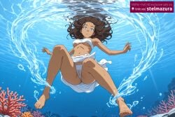 1girls ai_assisted ai_generated air_bubble avatar_the_last_airbender bare_shoulders barefoot blue_eyes breasts brown_hair bubble cameltoe coral dark-skinned_female dark_skin feet female female_only freediving from_below full_body holding_breath katara long_hair looking_at_viewer medium_breasts navel nickelodeon nicktoons panties sarong see-through skirt solo stelmazura strapless swimming toes tube_top underboob underwater underwear upskirt water wet wet_clothes white_panties
