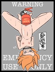 belly_bulge bite_gag capys-chan_(kuro_jelly) fire_extinguisher flat_chest kuro_jelly large_insertion object_insertion pussy_penetration