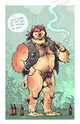 1boy 2021 3_toes 5_fingers alcohol anthro arm_tuft armband balls barazoku beard beverage biceps biker_jacket biped bodily_fluids body_hair border bottomless brown_body brown_fur canid canine canis chest_hair cigar claws clothed clothing dark_hair detailed_background dialogue digital_drawing_(artwork) digital_media_(artwork) dramamine drunk english_text facial_hair feathers feet fingers flower full-length_portrait fur genital_fluids genitals gold_(metal) gold_jewelry hair hairy hi_res jewelry looking_at_viewer male mammal muscular muscular_anthro muscular_male necklace nipples open_mouth partially_clothed penis plant portrait precum pubes ring sideburns smoke smoking solo speech_bubble standing substance_intoxication tan_body tan_fur text toes topwear tuft were werecanid werecanine werewolf white_border wolf