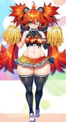 1girls bare_shoulders cheerleader cheerleader_uniform eyepatch female female_only koleda_belobog long_hair midriff midriff_baring_shirt navel orange_hair pale-skinned_female pale_skin petite petite_body petite_female pom_poms red_eyes sharp_teeth small_breasts sneakers stockings thick_thighs twintails wide_hips zenless_zone_zero