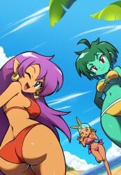 3girls accurate_art_style ass ass_focus big_ass bikini blue_eyes breasts dark-skinned_female dark_skin earrings female female_only from_behind green_hair green_skin long_hair looking_at_viewer looking_back multiple_females multiple_girls niyuyu pointy_ears purple_hair red_eyes rottytops shantae shantae_(character) shiny_skin short_hair sky_(shantae) smooth_skin wayforward zombie zombie_girl