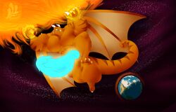 anthro atmosphere aurora_(phenomenon) balls big_balls big_muscles big_penis chameleon cheek_horn chem_(dragon_chem) cosmic_background dragon draining facial_horn fujiyama_samoyed genitals glowing glowing_genitalia glowing_penis hi_res horn huge_balls huge_cock huge_muscles hybrid hyper hyper_balls hyper_genitalia hyper_muscles hyper_penis lizard macro male muscular muscular_male mythological_creature mythological_scalie mythology orange_body orange_scales penis planet_dwarfing power_drain reptile scales scalie shaded soft_shading solar_system_dwarfing solo space space_background sun tail terra_macro watermark wings