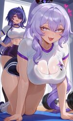 2girls acheron_(honkai:_star_rail) ai ai-created ai_art ai_generated black_bra black_swan_(honkai:_star_rail) dumbbell gym gym_clothes gym_uniform hair_ornament heart heart-shaped_pupils high_ponytail honkai:_star_rail honkai_(series) hourglass_figure hoyoverse large_ass large_breasts large_butt large_buttocks large_thighs long_hair looking_at_viewer mature_body mature_female mature_figure mature_woman see-through_clothing see-through_shirt smile wide_hips yuri
