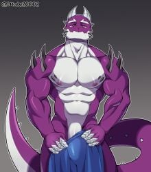 anthro bara biceps big_biceps big_bulge big_pecs blue_towel broad_shoulders bulge claws countershade_tail countershade_torso countershading covered_penis covering_crotch covering_self deltoids front_view furry furry_male furry_only gay goodmoon gradient_background grey_background hairless_penis hip_lines horns inguinal_ligament male male_nipples male_only muscles muscular muscular_male muscular_neck muto20002 neck nipples obliques original_character outline pecs pectorals penis_base penis_peek purple_body serratus_anterior shoulder_spikes snout solo spiked_tail standing tail thick_neck thick_tail towel trapezius triceps white_horns white_outline wide_shoulders