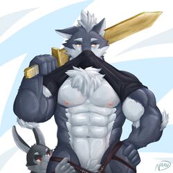 1:1 2020 abs anthro biceps canid canine canis clothed clothing fur group holding_object lagomorph leporid male mammal muscular muscular_anthro muscular_male naruever nero_(naruever) nipples pecs practice_sword rabbit signature simple_background undressing weapon wolf wooden_sword zack_(naruever)