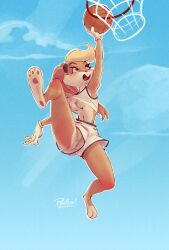 anthro anus areola ball basketball basketball_(ball) basketball_hoop basketball_uniform blonde_hair blush bottomwear breasts buckteeth casual_exposure clothed clothing digital_media_(artwork) feet female fur genitals gloves hair handwear hi_res holding_ball holding_object lagomorph leporid lola_bunny looney_tunes mammal nipples no_underwear open_mouth outside pawpads pinafore_(artist) rabbit shirt shorts solo sportswear tail tank_top teeth toes topwear uniform vulva warner_brothers