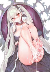 azur_lane bare_legs bare_shoulders breasts cum cum_on_body cum_on_feet cum_on_lower_body dress eyebrows_visible_through_hair feet formidable_(azur_lane) frilled_dress frills grey_hair large_breasts legs long_hair red_eyes ribbon silver_hair soles suerte toes twintails