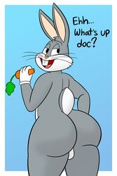 2d anthro ass backsack big_butt buckteeth bugs_bunny carrot dat_ass fur grey_body grey_fur lagomorph leporid long_ears looking_at_viewer looking_back looney_tunes male male_only mammal nude rabbit solo tail text warner_brothers yellowwood578