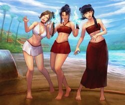 3girls abuse alternate_breast_size avatar_the_last_airbender azula bandeau bandeau_bikini bare_legs barefoot beach big_breasts bikini bikini_skirt black_hair blue_fire blunt_bangs braid breast_size_difference brown_hair bullying cirenk cleavage clothing crazy_eyes crying double_bun evil_smile feet female female_focus female_only fire fire_nation firebending hair_bun hair_pull hourglass_figure island large_breasts long_hair long_skirt mai_(avatar) medium_breasts messy_hair midriff nickelodeon palm_tree red_bikini runny_makeup runny_mascara sand shoreline skirt small_breasts strapless_bikini swept_bangs swimsuit teenager toes tropical_setting twintails ty_lee white_bikini