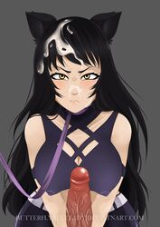 1girls angry black_hair blake_belladonna butterflybluelady cat_ears cum cum_in_hair cum_on_face leash male_pov penis pout pov pov_eye_contact rwby very_long_hair