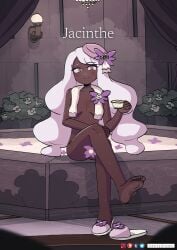 1girls barefoot bath breasts dark-skinned_female dark_skin feet female female_only hair_ornament jacinthe_(pokemon) keetydraws long_hair looking_at_viewer nude pokemon pokemon_legends:_z-a sitting smile solo solo_female teacup wet wet_body white_hair yukari_(pokemon)
