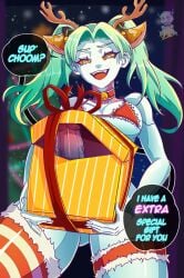 1futa bell bell_collar bikini bikini_bottom bikini_top breasts christmas christmas_bikini christmas_clothing christmas_outfit collar cyberpunk:_edgerunners cyberpunk_(series) futadom futanari ghommiboo gift gift_box gift_wrapped green_hair penis rebecca_(edgerunners) reindeer_antlers thick_thighs thighhighs thighs vein veins veiny_penis