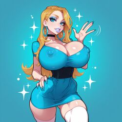 ai_generated ass_visible_through_thighs big_lips bimbo bimbofication blonde_hair bubbles_(powerpuff_girls) choker cleavage dress earrings eyeshadow fake_breasts fake_nails hoop hourglass_figure lipstick long_nails looking_at_viewer parted_lips powerpuff_girls skindentation sparkles thighhighs thin_waist tight_dress waistband waving wide_hips