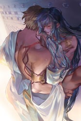 2boys absurdres armlet bare_shoulders blonde_hair blue_eyes blush body_markings bracelet closed_eyes clothed_sex detailed enkidu_(fate) fate/grand_order fate_(series) gilgamesh gilgamesh_(fate) highres jewelry long_hair lower_teeth male_focus multiple_boys niza open_mouth painting_(artwork) saliva teeth tile_wall tiles very_long_hair yaoi