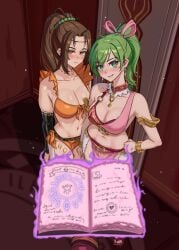 2girls amber_eyes bramsel_(fire_emblem) brown_hair cleavage dancer emmettart fire_emblem fire_emblem:_genealogy_of_the_holy_war friends green_eyes green_hair happy_trance heart-shaped_pupils hypnosis hypnotized large_breasts laylea_(fire_emblem) lene_(fire_emblem) multiple_girls multiple_subs nintendo offscreen_male pov_male spellbook