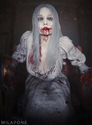 1girls 3d 3d_(artwork) big_breasts biohazard blood_from_mouth blood_in_mouth blood_on_face blood_stain blue_eyes breasts capcom dress female female_only grey_skin hi_res high_resolution long_hair milapone monster monster_girl resident_evil resident_evil_9:_requiem ruined_makeup seductive seductive_look selena_corey silver_hair singer sitting sitting_on_sofa tagme very_long_hair white_dress zombie zombie_girl