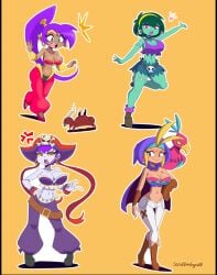 4girls belt bird blue_eyes bozon breasts crab dark_skin female female_only genie green_hair green_skin harem_outfit heart heart_symbol human humanoid knife large_breasts light_skin mammal matt_bozon milkers multiple_girls pirate pirate_hat ponytail purple_hair purple_skin red_eyes risky_boots rottytops scruffmuhgruff sfw shantae shantae_(character) shorts skull sky sky_(shantae) watermark wayforward wrench yellow_background zombie