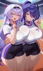 2girls acheron_(honkai:_star_rail) ai ai-created ai_art ai_generated black_swan_(honkai:_star_rail) bra breast_on_breasts gym_clothes gym_uniform hair_ornament hand_on_another's_waist hand_on_hip heart heart-shaped_pupils high_ponytail honkai:_star_rail honkai_(series) hourglass_figure hoyoverse large_ass large_breasts large_butt large_buttocks large_thighs long_hair looking_at_viewer mature_body mature_female mature_figure mature_woman peace_sign running_track see-through_clothing see-through_shirt smile stadium_background wide_hips yuri