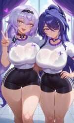2girls acheron_(honkai:_star_rail) ai ai-created ai_art ai_generated black_bra black_swan_(honkai:_star_rail) curtains curtains_open glass_window gym_clothes gym_uniform hair_ornament hand_on_hip heart-shaped_pupils high_ponytail honkai:_star_rail honkai_(series) hourglass_figure hoyoverse large_ass large_breasts large_butt large_buttocks large_thighs long_hair looking_at_viewer mature_body mature_female mature_figure mature_woman peace_sign purple_curtains see-through_clothing see-through_shirt smile wide_hips window yuri