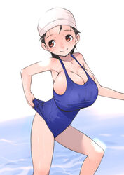 big_breasts brown_hair huge_breasts j7w large_breasts one-piece_swimsuit shortstack small_ass swim_cap swimsuit top_heavy