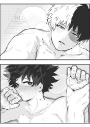 2koma bite_mark blush boku_no_hero_academia freckles hickey holding_hands humming izuku_midoriya lying messy_hair midoriya_izuku my_hero_academia nude on_bed pectorals riku_ff scar sex shouto_todoroki tears tododeku todoroki_shoto yaoi