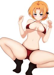 arms_up bikini black_socks blue_eyes blush embarrassed female female_only girls_und_panzer hair_ornament looking_down open_legs orange_hair orange_pekoe red_bikini short_hair simple_background socks squatting