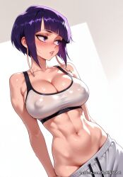 2026 abs ai_generated anime bangs bare_shoulders blunt_bangs blush boku_no_hero_academia breasts cleavage clothes_pull collarbone covered_nipples crossover drawstring female female_focus female_only flushed groin highres huge_breasts jirou_kyouka kyoka_jiro large_breasts lips looking_away looking_to_the_side midriff my_hero_academia navel nsfw pants parted_lips patreon purple_eyes purple_hair rognezart shiny shiny_skin short_hair solo sports_bra stomach sweat sweatpants sweaty toned wet