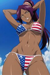 1female 1girls 4k 4k_resolution 8k ai_generated american_flag_bikini american_flag_print athletic athletic_female bikini bleach dark-skinned_female dark_skin dark_skinned female female_focus female_only fit fit_female glossy glossy_skin hair_tie hands_behind_head hi_res high_quality high_res high_resolution hires looking_at_viewer looking_down looking_down_at_viewer low_angle low_angle_view pony_tail purple_hair shihouin_yoruichi smile smile_at_viewer smiling_at_viewer smiling_female solo solo_female tagme toned toned_body toned_female very_high_resolution yellow_eyes yoruichi_shihouin