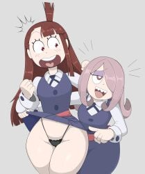 2girls akko_kagari asian_female atsuko_kagari brown_hair clothed ecchi gray_skin gstring huge_thighs japanese_female joke little_witch_academia long_hair long_sleeves luna_nova_school_uniform medium_hair miniskirt navel open_mouth pale-skinned_female purple_hair putri_(artist) red_eyes sexy sexy_body somedude1727 somedude_11 studio_trigger sucy_manbavaran surprised surprised_expression surprised_face tagme thick_thighs thighs thong thong_panties uniform